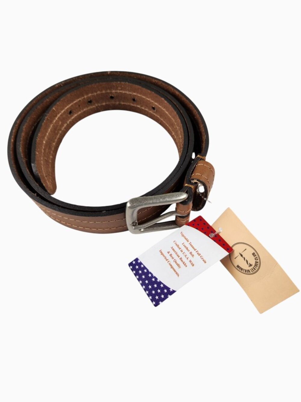 Montauk Leather Co. Brown Leather Belt Made in USA Silver Buckle Size 46 NWT